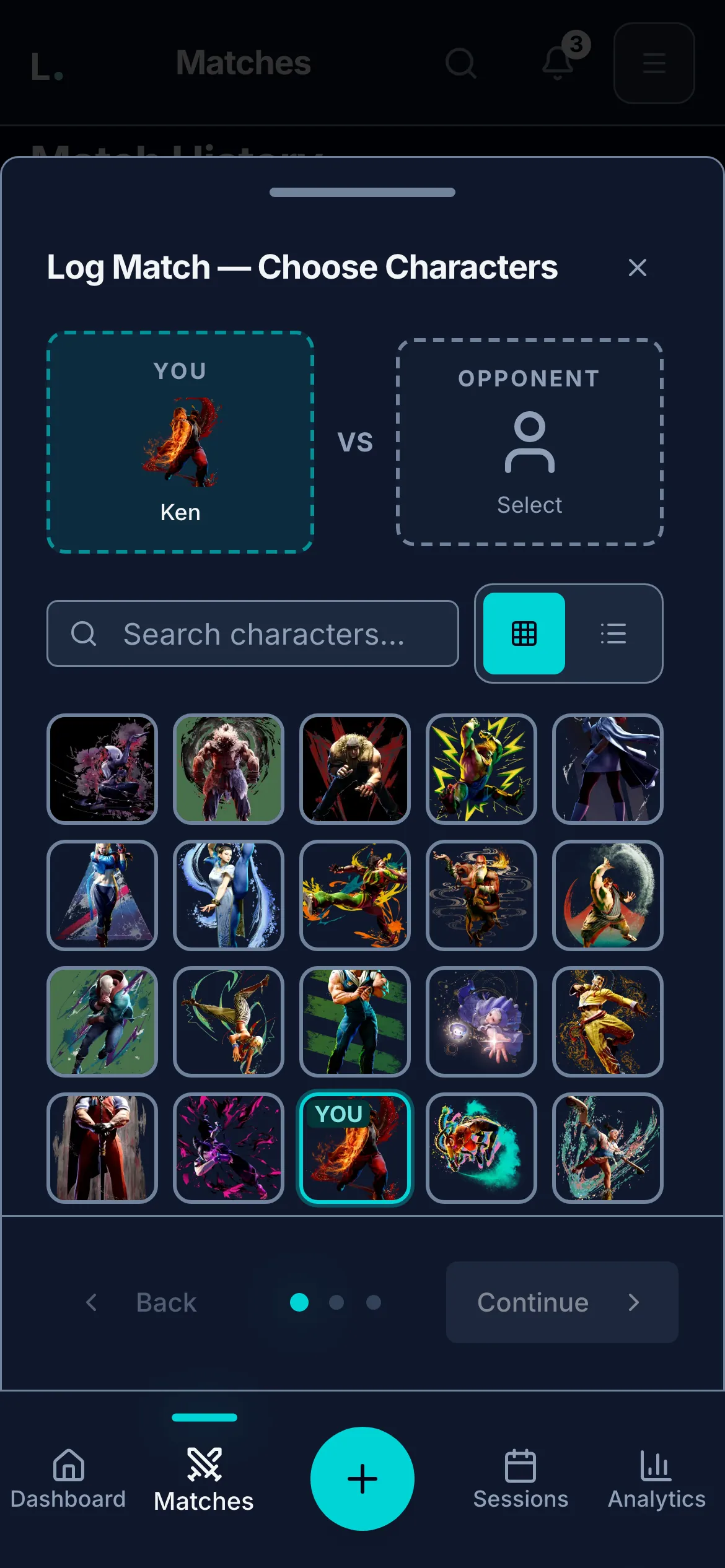 Logging a match on a phone: choosing the opponent's character