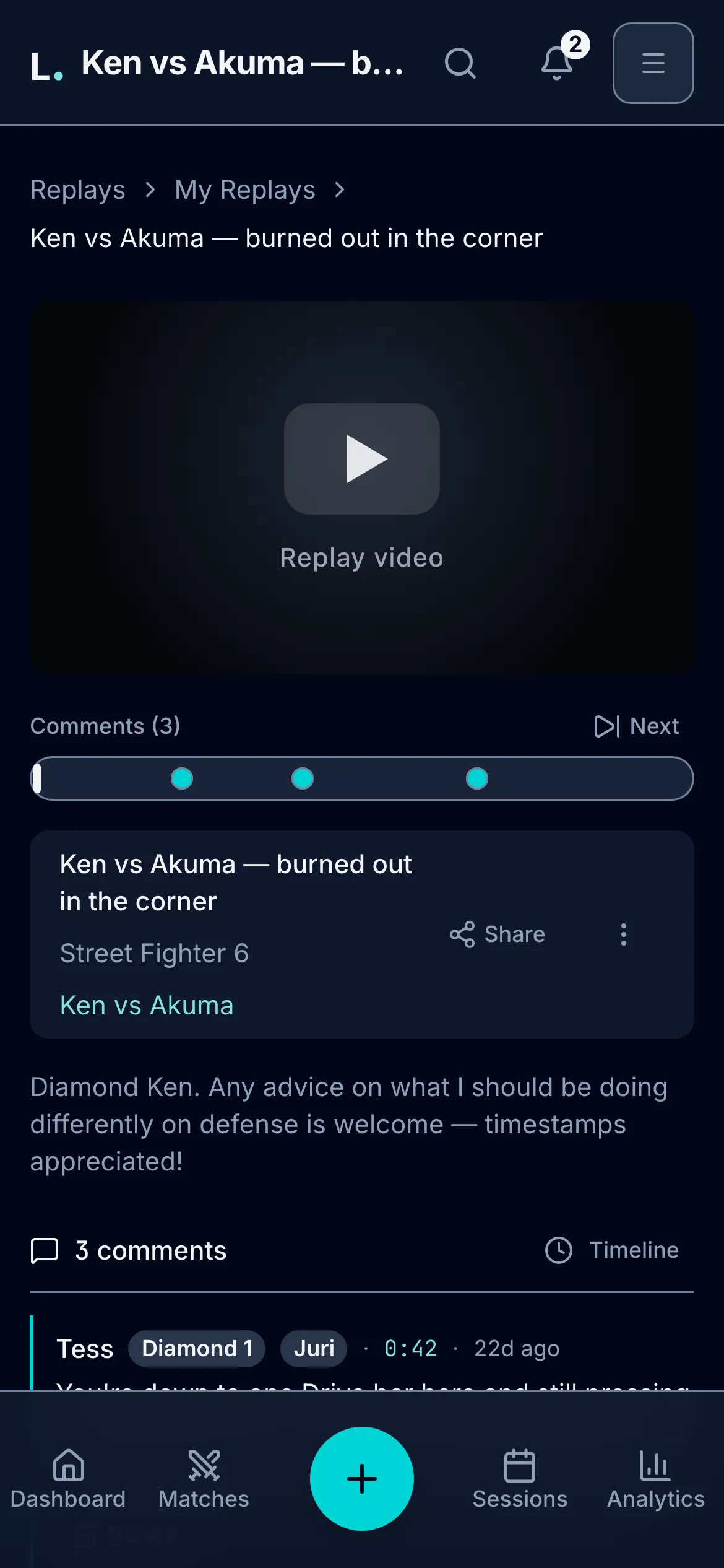 Ken vs Akuma replay with three timestamped comments from friends on defense and Drive Impact